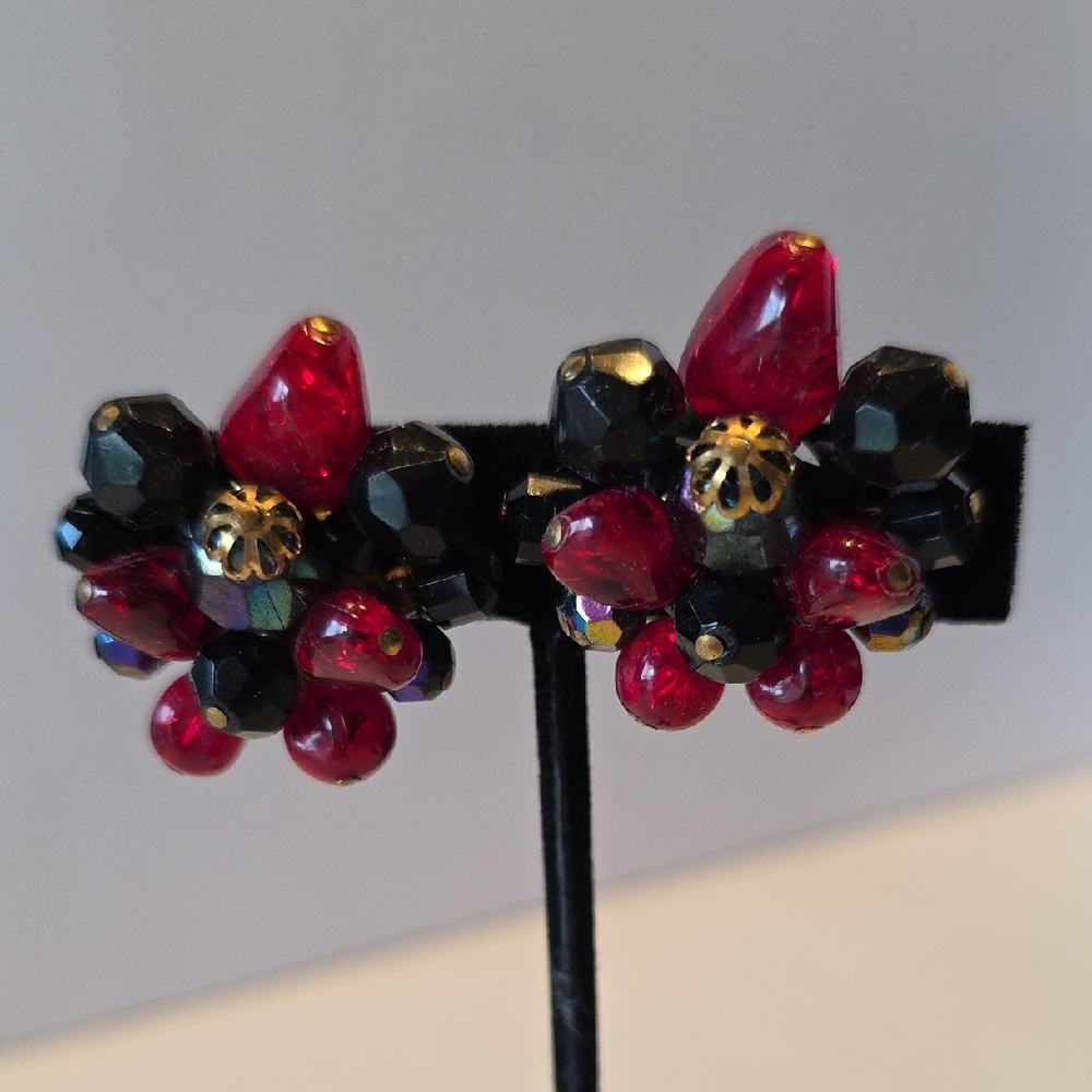 Vintage W. Germany Red And Black Clipon Earrings 1.25 Inches